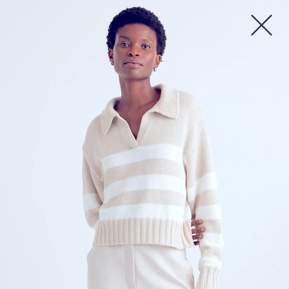 Quince Cream and White Striped V-Neck Sweater
